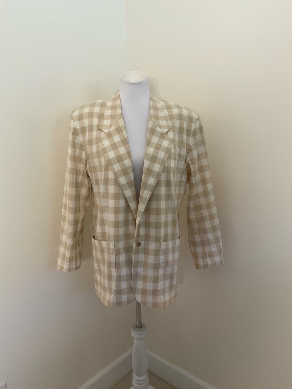 Lizwear Khaki Beige and White Gingham Check Blazer Jacket